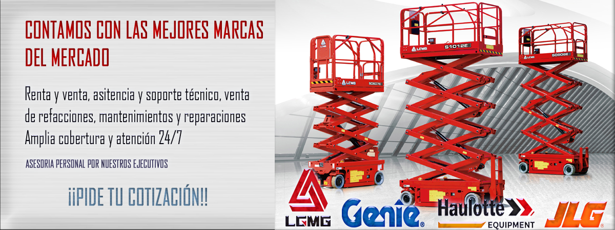 Elevadores en diferentes alturas en un entorno industrial, publicidad de marcas de equipo de elevación y servicios. 
