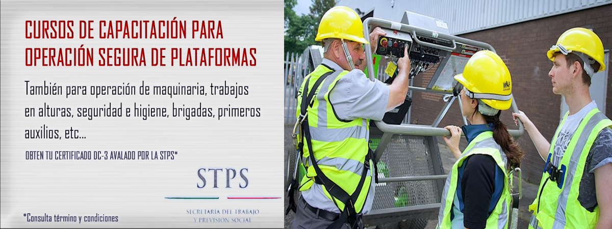 Cartel informativo sobre cursos de capacitación en operación segura de plataformas, con una imagen de dos personas y un instructor en una plataforma elevadora, todos usando cascos y chalecos de seguridad.