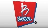 Logotipo con la letra B grande, color blanco, en un fondo en forma de escudo con colores rojo y azul, y la palabra 'Barcel' debajo.